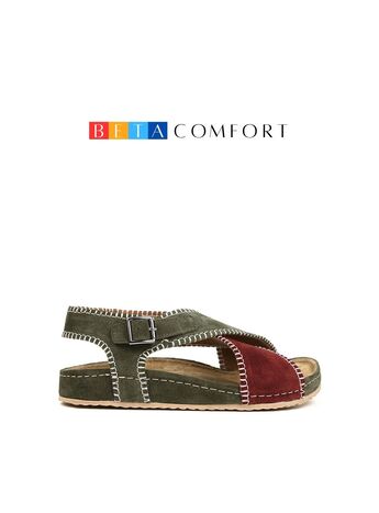 BETA COMFORT Kadın Yeşil Bordo Dikiş Detaylı Süet Deri Sandalet