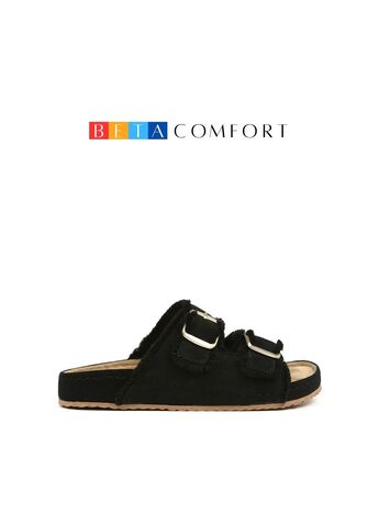 BETA Comfort Kadın Püsküllü Toka Detaylı Siyah Süet Terlik