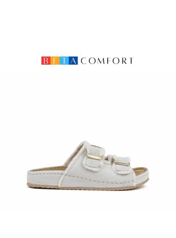 BETA Comfort Kadın Toka Detaylı Püsküllü Buz Beyazı Süet Terlik