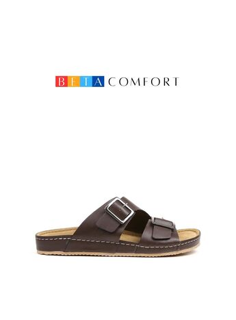 BETA Comfort Erkek Çift Toka Detaylı Kahve Rengi Deri Terlik