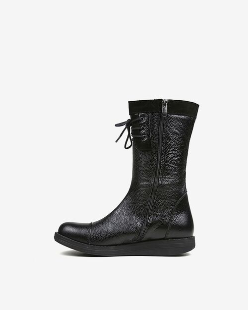 REBETA Deri Kadın Bağcık Detaylı Siyah Kombin Bot