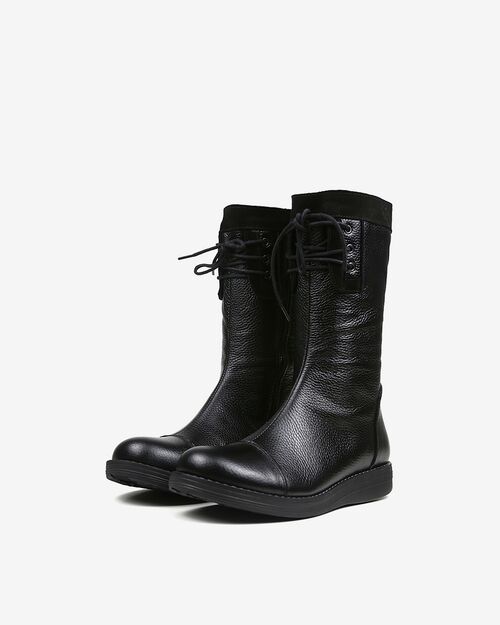 REBETA Deri Kadın Bağcık Detaylı Siyah Kombin Bot