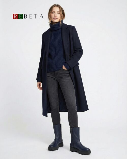 REBETA Deri Kadın Çift Fermuar Detaylı Lacivert Bot