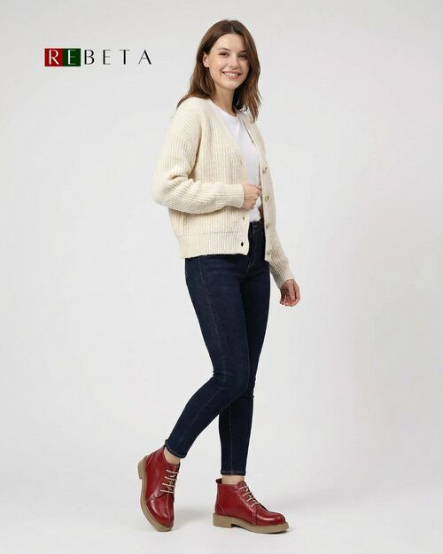 REBETA Deri Kadın Bağcıklı Kırmızı Bot