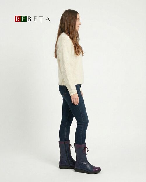 REBETA Deri Kadın Bağcık Detaylı Lacivert Kombin Bot