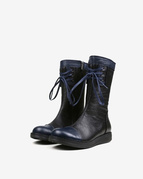 REBETA Deri Kadın Bağcık Detaylı Siyah Kombin Bot