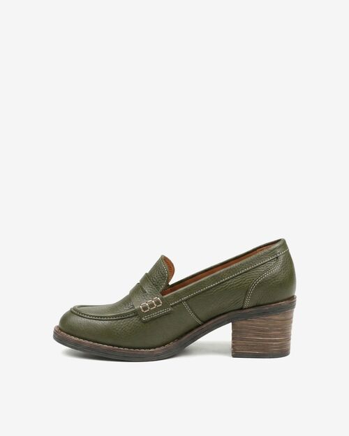 REBETA Deri Kadın Haki Topuklu Loafer Ayakkabı