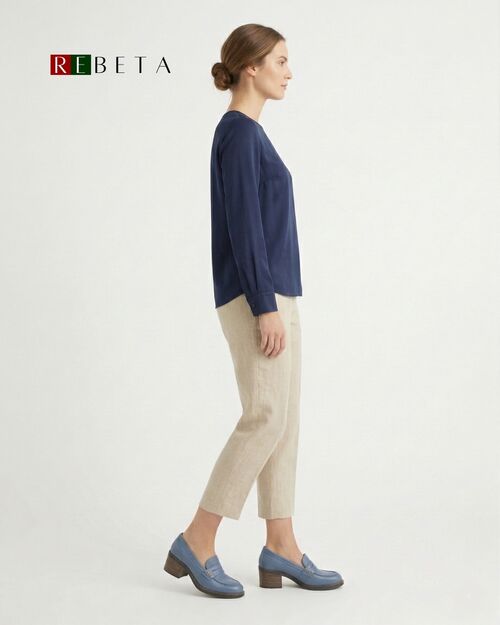 REBETA Deri Kadın Mavi Topuklu Loafer Ayakkabı