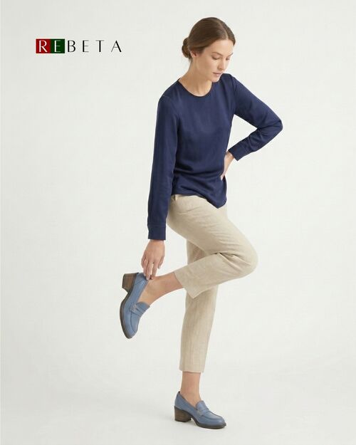 REBETA Deri Kadın Mavi Topuklu Loafer Ayakkabı