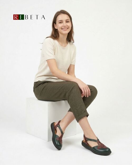 REBETA Deri Kadın Sandalet Yeşil Bordo Kombin