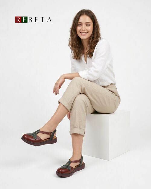 REBETA Deri Kadın Sandalet Bordo Yeşil Kombin