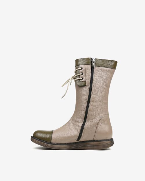 REBETA Deri Kadın Bağcık Detaylı Vizon Kombin Bot