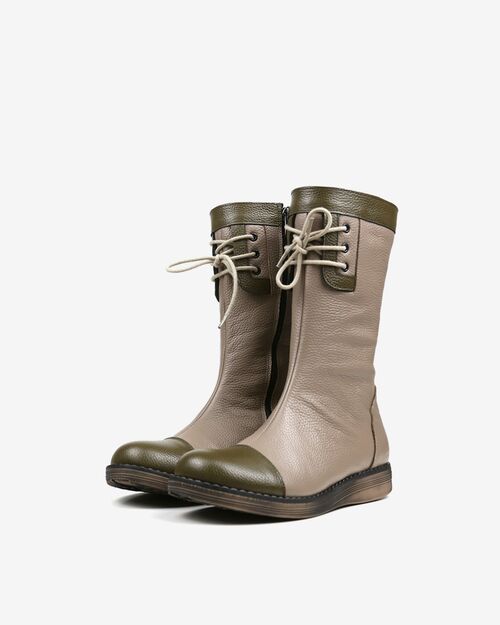 REBETA Deri Kadın Bağcık Detaylı Vizon Kombin Bot