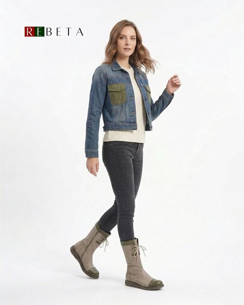 REBETA Deri Kadın Bağcık Detaylı Vizon Kombin Bot