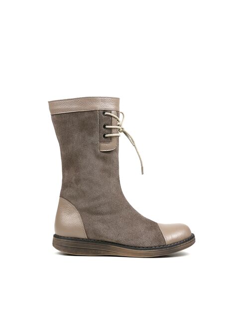 REBETA Deri Kadın Bağcık Detaylı Vizon Süet Kombin Bot