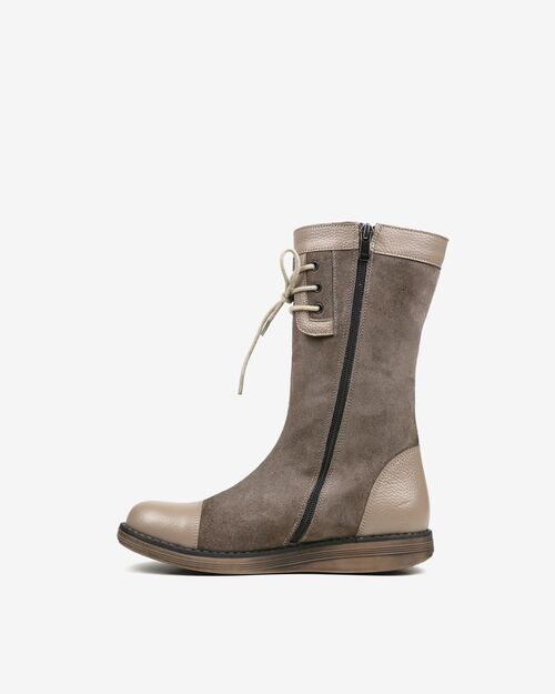 REBETA Deri Kadın Bağcık Detaylı Vizon Süet Kombin Bot