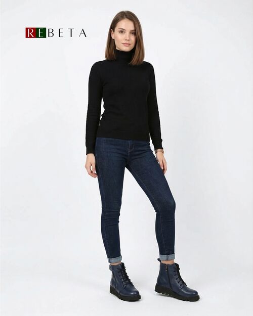 REBETA Deri Kadın Fermuar Detaylı Lacivert Bot