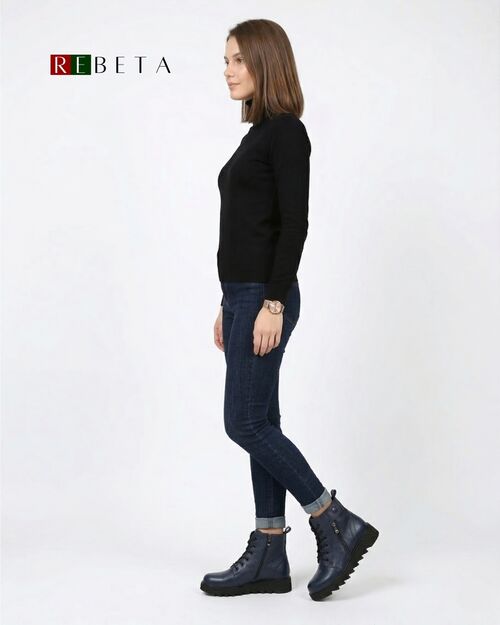 REBETA Deri Kadın Fermuar Detaylı Lacivert Bot