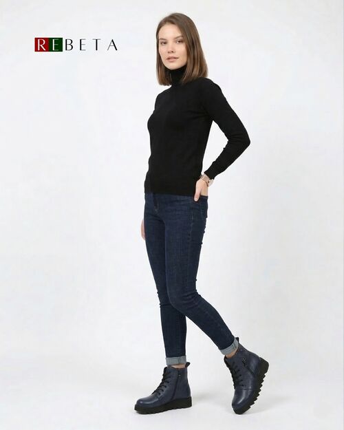 REBETA Deri Kadın Fermuar Detaylı Lacivert Bot