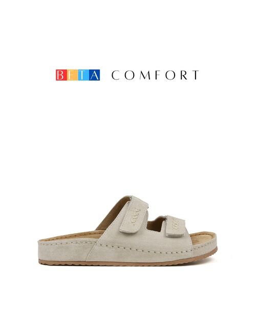 BETA Comfort Kadın Çift Bantlı Saraçlı Bej Süet Terlik
