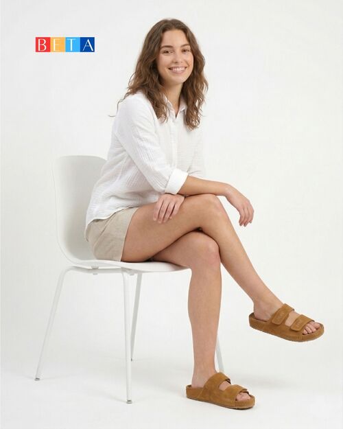 BETA Comfort Kadın Çift Bantlı Saraçlı Taba Süet Terlik