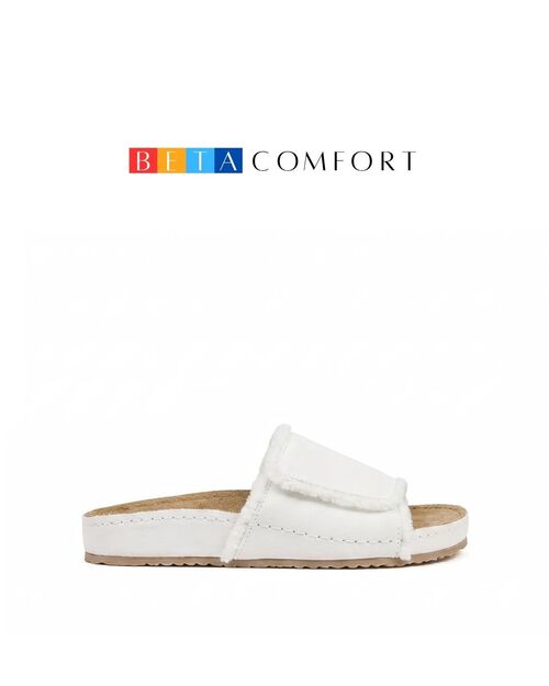 BETA Comfort Deri Kadın Püskül Detaylı Beyaz Süet Terlik