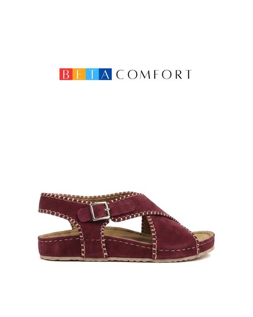 BETA COMFORT Kadın Bordo Dikiş Detaylı Süet Deri Sandalet