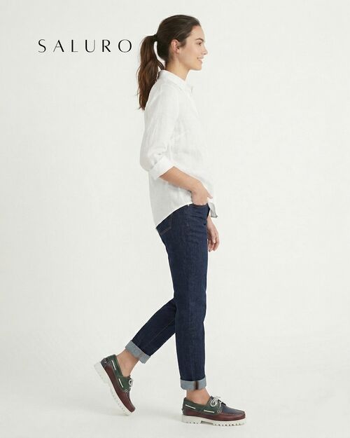 SALURO Deri Kadın Beyaz Tabanlı Bordo Yeşil Kombin Tekne Ayakkabısı