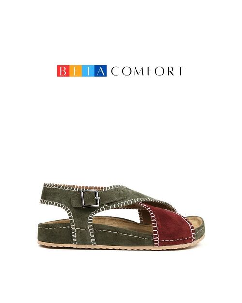 BETA COMFORT Kadın Yeşil Bordo Dikiş Detaylı Süet Deri Sandalet