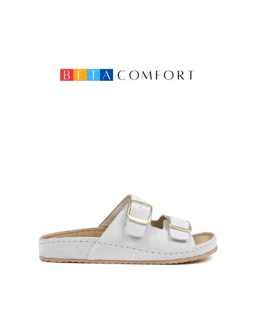 BETA Comfort Kadın Toka Detaylı Buz Beyazı Süet Terlik