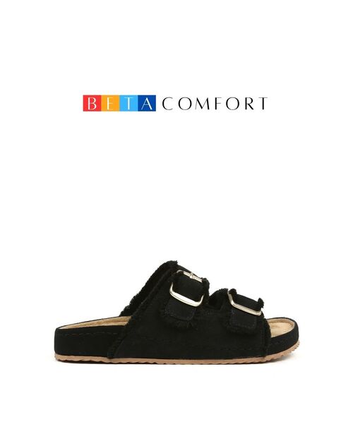BETA Comfort Kadın Püsküllü Toka Detaylı Siyah Süet Terlik