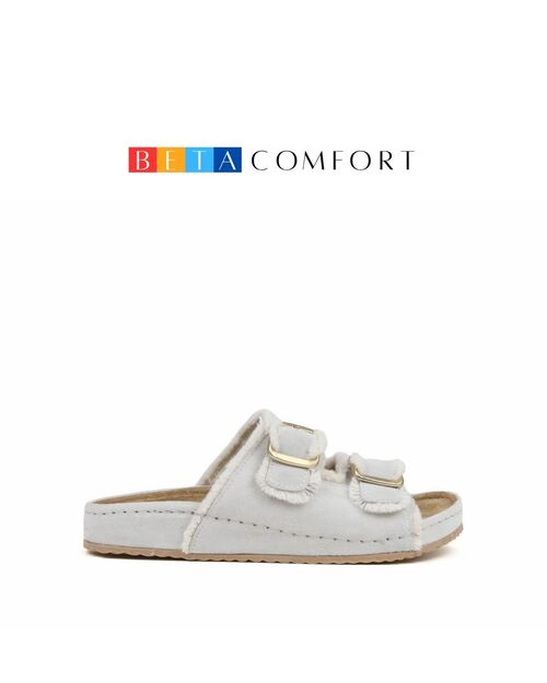 BETA Comfort Kadın Püsküllü Toka Detaylı Buz Beyazı Süet Terlik