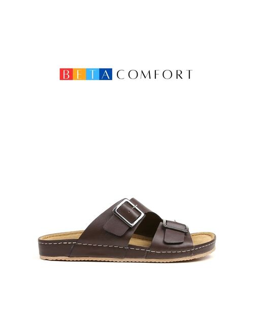 BETA Comfort Erkek Çift Toka Detaylı Kahve Rengi Deri Terlik