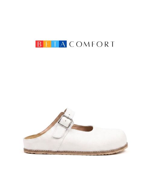 BETA Comfort Kadın Toka Detaylı Önü Kapalı Beyaz Süet Terlik