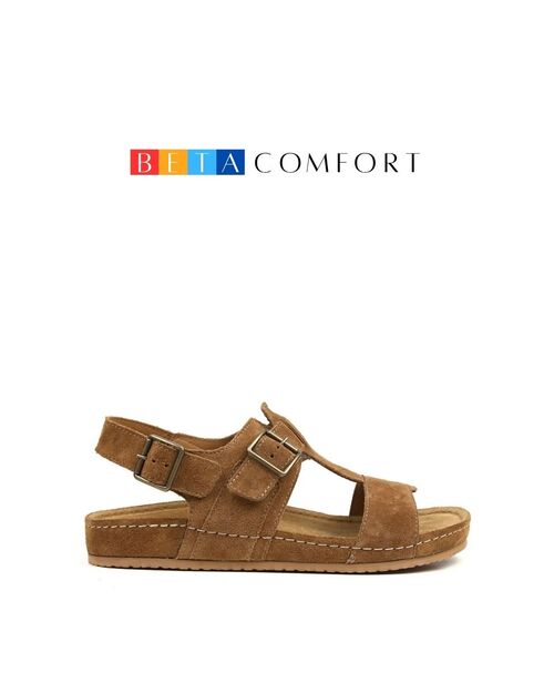 BETA Comfort Deri Erkek Çift Toka Detaylı Taba Süet Sandalet