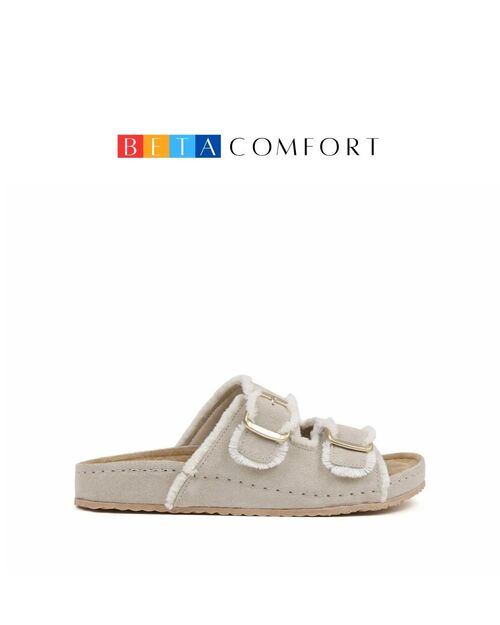 BETA Comfort Kadın Toka Detaylı Püsküllü Bej Süet Terlik