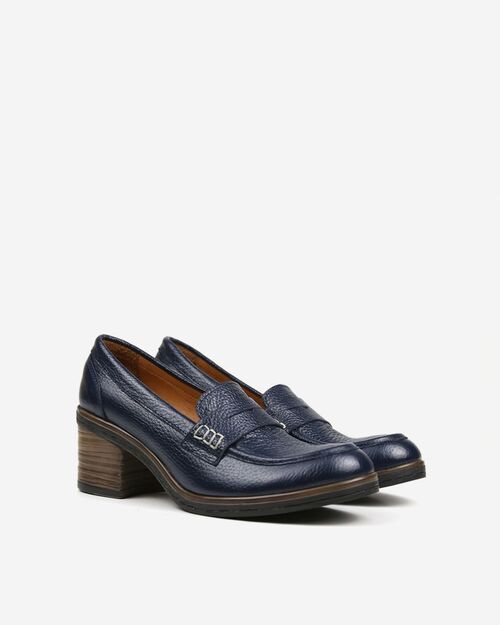 REBETA Deri Kadın Lacivert Topuklu Loafer Ayakkabı