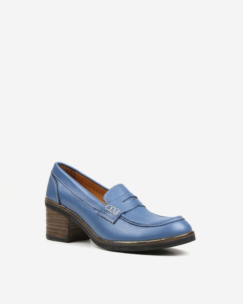 REBETA Deri Kadın Mavi Topuklu Loafer Ayakkabı