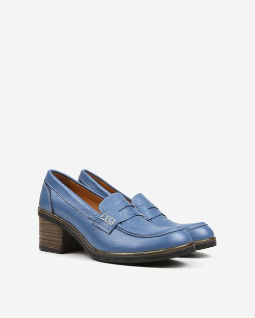 REBETA Deri Kadın Mavi Topuklu Loafer Ayakkabı
