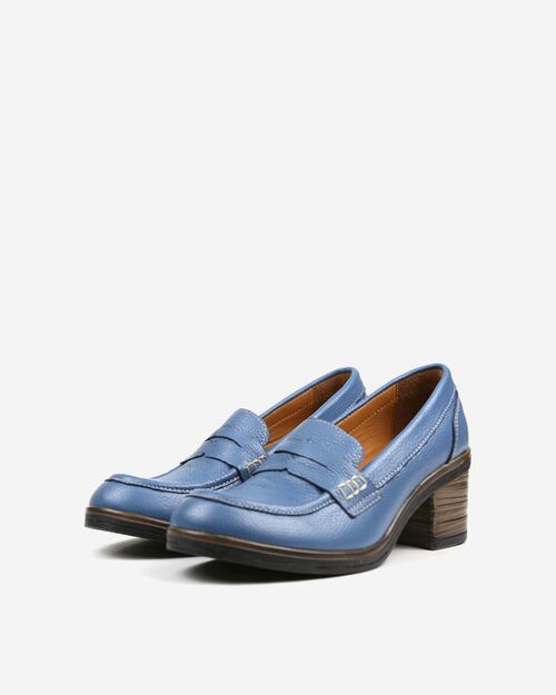 REBETA Deri Kadın Mavi Topuklu Loafer Ayakkabı