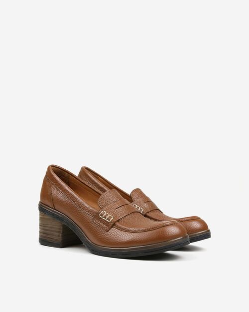 REBETA Deri Kadın Taba Topuklu Loafer Ayakkabı